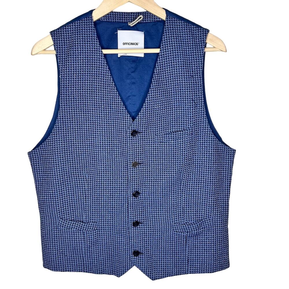 OFFICINA 36 Vest Waistcoat XL Mens Blue Houndstooth Knit Cotton Formal Wedding